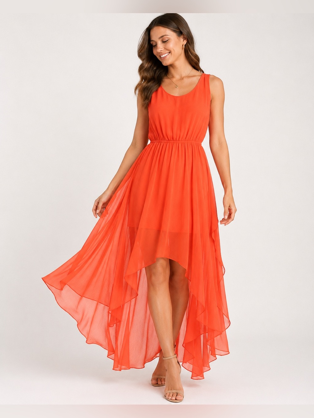Soprano Coral Orange Chiffon Flowy Dress XS